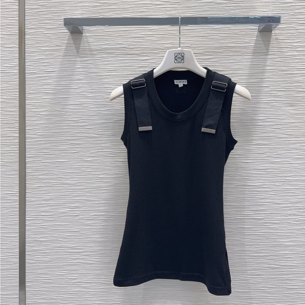 Ribbed Buckle-Strap Black Tank Top